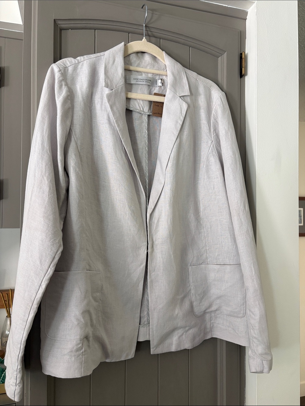 Simon’s Contemporaine 100% Linen Blazer, Size 12, light grey, front pockets